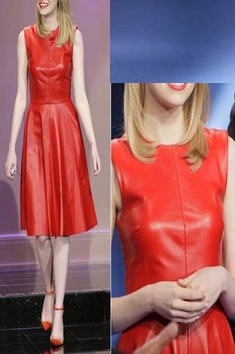 Women red soft lambskin leather dress sleeveless fit & flare mini dress