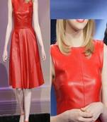 Women red soft lambskin leather dress sleeveless fit & flare mini dress