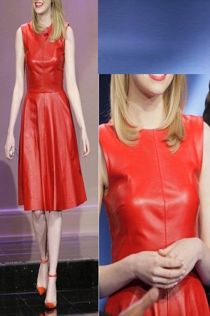 Women red soft lambskin leather dress sleeveless fit & flare mini dress