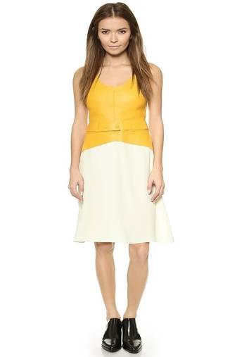 Women’s yellow & beige sleeveless lambskin leather dress fit & flare dress