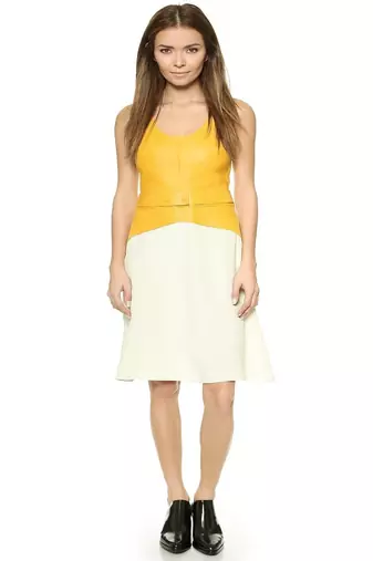Women’s yellow & beige sleeveless lambskin leather dress fit & flare dress