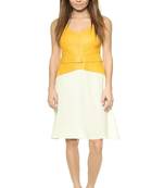 Women’s yellow & beige sleeveless lambskin leather dress fit & flare dress