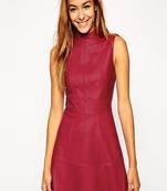 Women black soft lambskin leather dress sleeveless high-neck dress