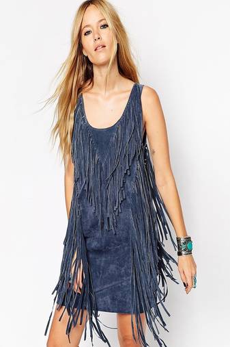 Women blue soft lambskin suede leather dress fringed dress
