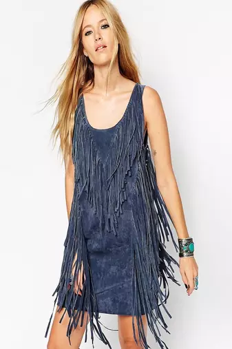 Women blue soft lambskin suede leather dress fringed dress