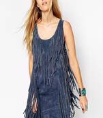Women blue soft lambskin suede leather dress fringed dress
