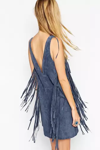 women's blue suede leather dress fringed western design