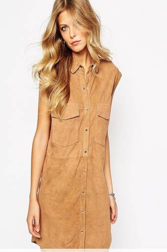 Women soft lambskin suede leather dress  snap button shirt style dress