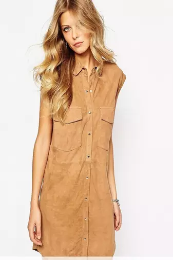 Women soft lambskin suede leather dress  snap button shirt style dress