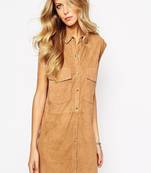 Women soft lambskin suede leather dress  snap button shirt style dress