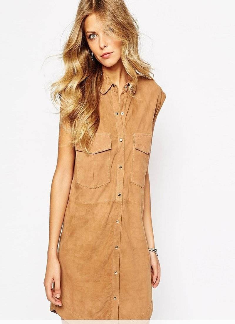 Women soft lambskin suede leather dress  snap button shirt style dress