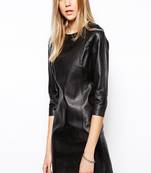 Genuine lambskin women's black leather dress 3\4 sleeve style leather dress