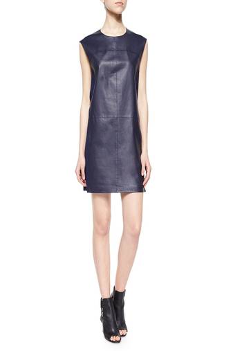 Genuine lambskin women's leather dress women sleevless dress