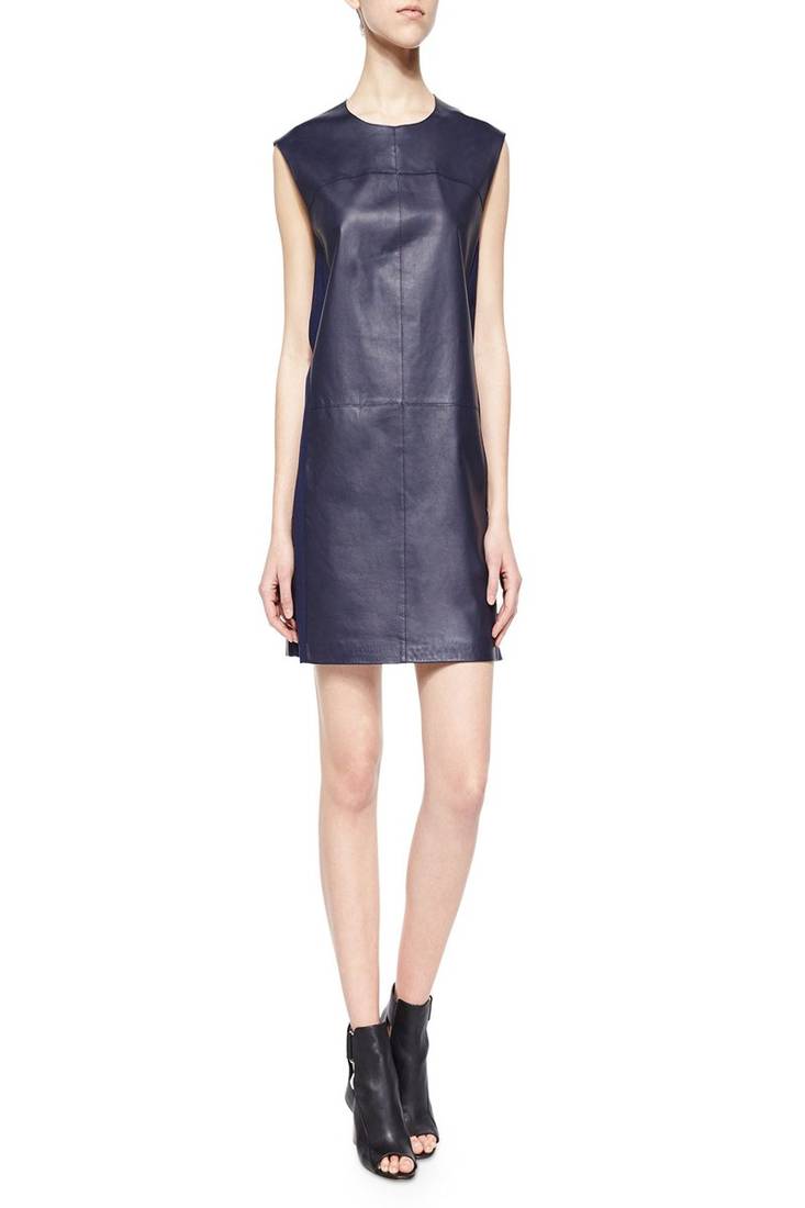 Genuine lambskin women's leather dress women sleevless dress