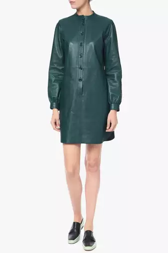 Genuine lambskin women's leather dress long sleeve snap button dress dress