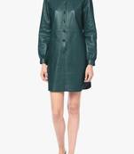 Genuine lambskin women's leather dress long sleeve snap button dress dress