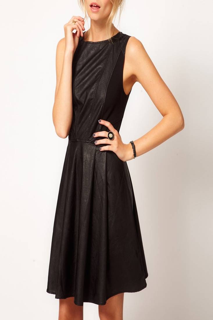 Genuine lambskin women's leather dress sleeveless flare dress