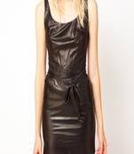 Genuine lambskin women's leather dress sleeveless dress