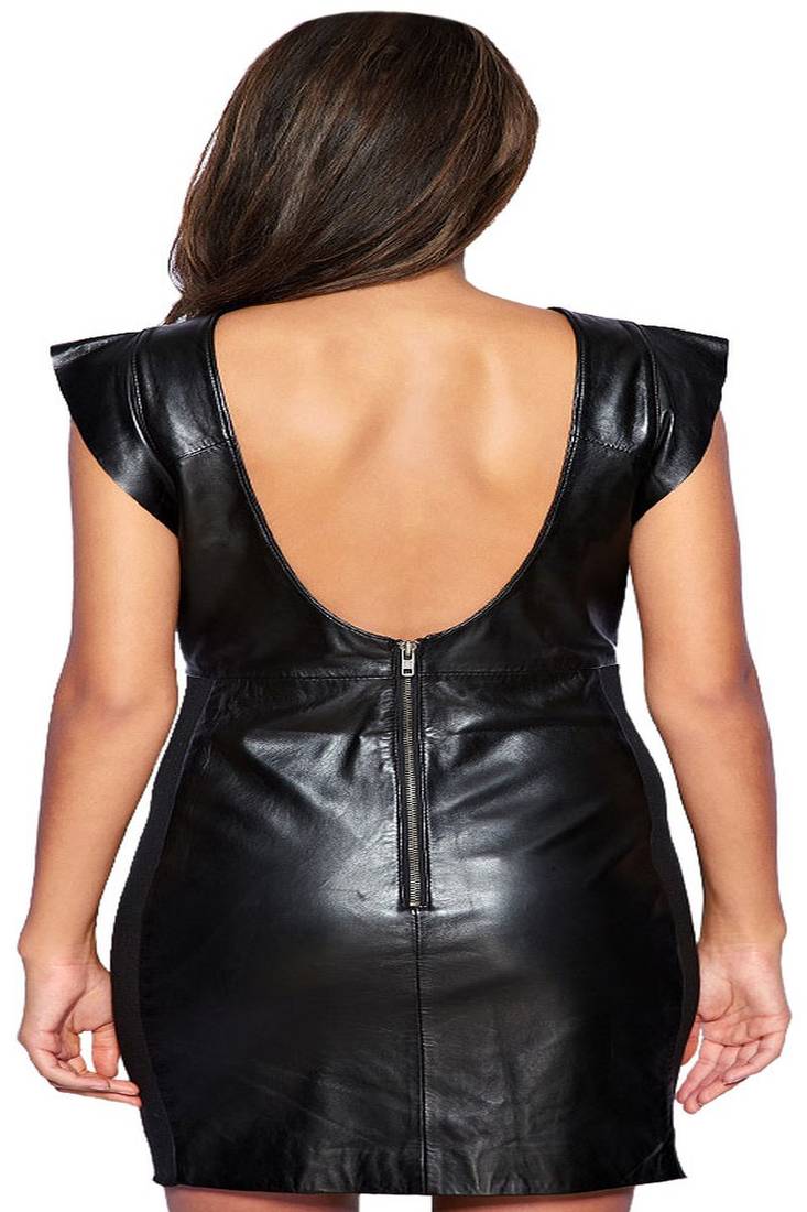 Genuine lambskin women's leather dress cap sleeve mini dress