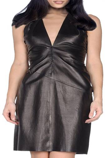 Genuine lambskin women's leather dress deep v neck mini dress