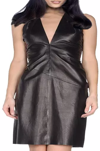 Genuine lambskin women's leather dress deep v neck mini dress