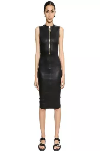 Genuine lambskin women's leather dress sleeveless zip front midi leather dress