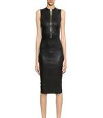 Genuine lambskin women's leather dress sleeveless zip front midi leather dress