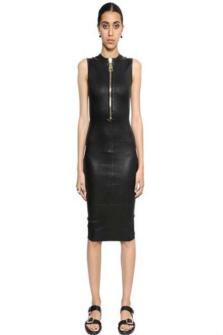 Genuine lambskin women's leather dress sleeveless zip front midi leather dress