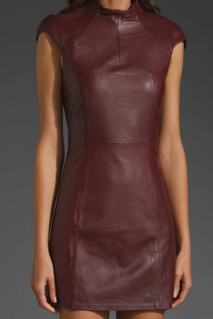 Genuine lambskin women's leather dress cap sleeve bodycon dress