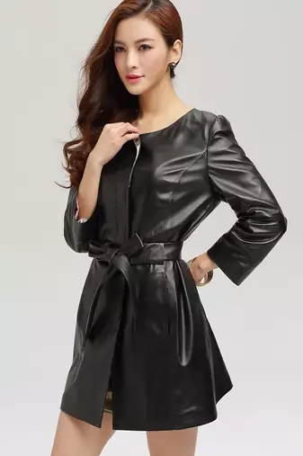 Genuine lambskin women's leather dress leather long sleeve belted mini dress