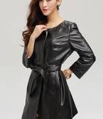 Genuine lambskin women's leather dress leather long sleeve belted mini dress