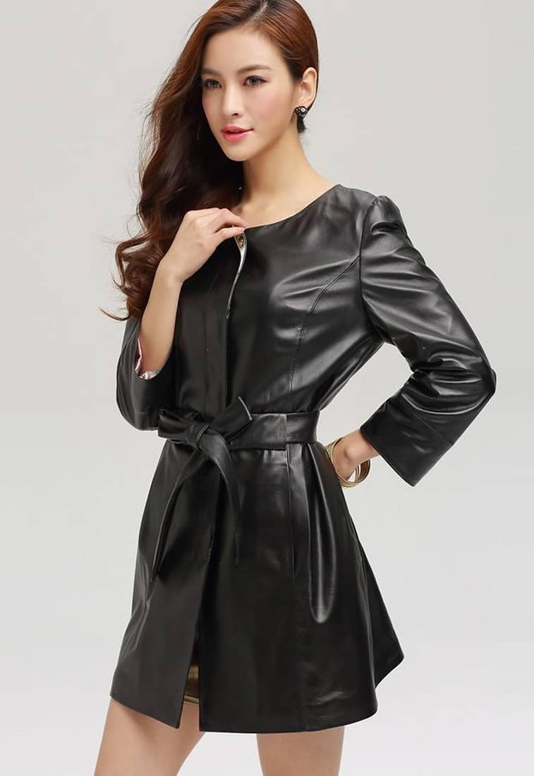 Genuine lambskin women's leather dress leather long sleeve belted mini dress