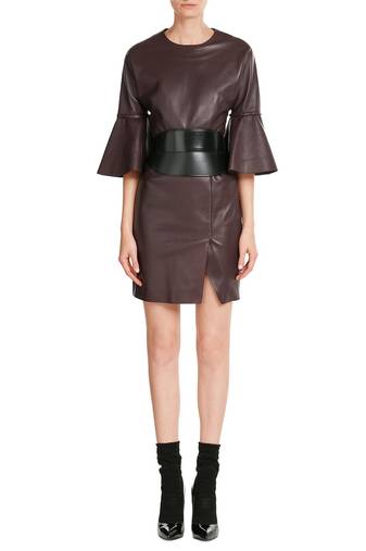 Genuine lambskin women's leather dress bell sleeve mini dress with belt