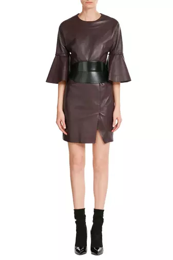 Genuine lambskin women's leather dress bell sleeve mini dress with belt