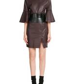 Genuine lambskin women's leather dress bell sleeve mini dress with belt