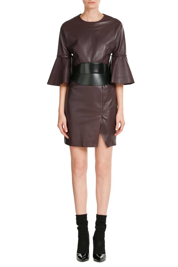 Genuine lambskin women's leather dress bell sleeve mini dress with belt