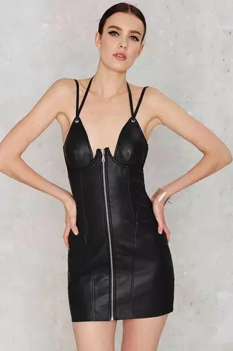 Genuine lambskin women's leather dress leather strappy zip front bodycon dress