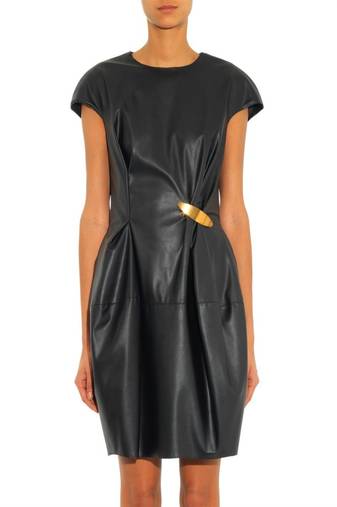 Genuine lambskin women's leather dress cap sleeve bodycon dress