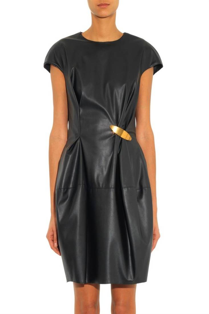 Genuine lambskin women's leather dress cap sleeve bodycon dress