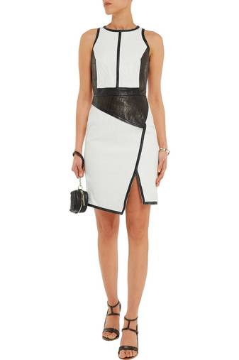 Women's genuine leather dress white & black colorblock sleeveless asymmetrical dress