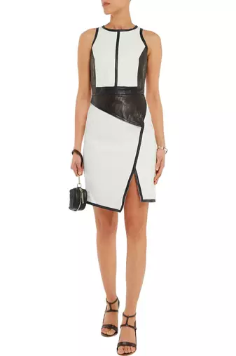Women's genuine leather dress white & black colorblock sleeveless asymmetrical dress