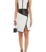 Women's genuine leather dress white & black colorblock sleeveless asymmetrical dress