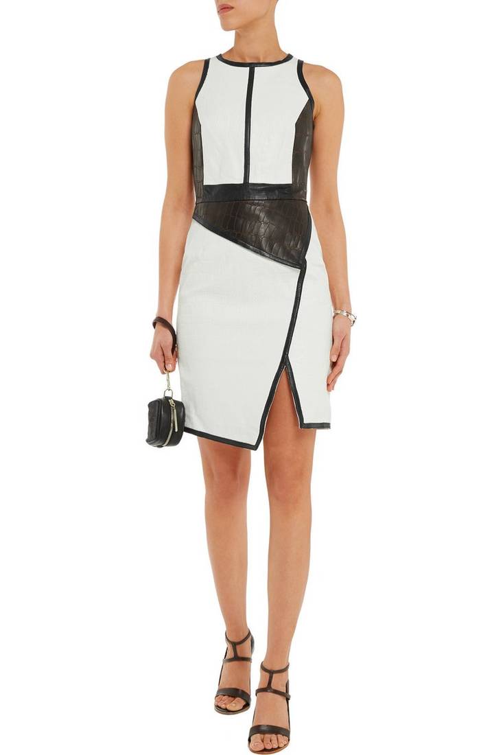 Women's genuine leather dress white & black colorblock sleeveless asymmetrical dress
