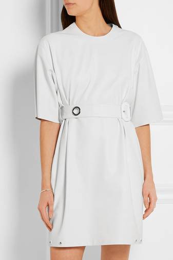 Women black soft lambskin leather dress short sleeve white dress