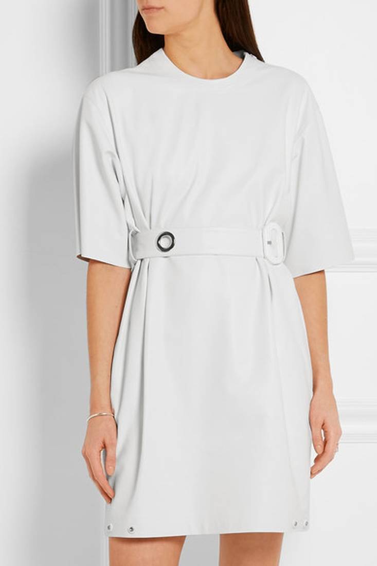 Women black soft lambskin leather dress short sleeve white dress