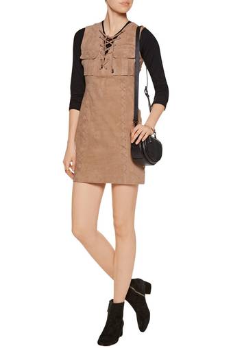 Genuine women's brown suede sleeveless mini dress with lace-up