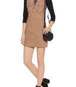 Genuine women's brown suede sleeveless mini dress with lace-up