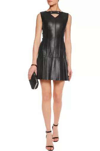 Genuine lambskin women's leather dress bodycon cocktail v-neck leather dress