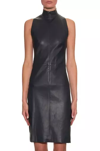 Genuine lambskin women's leather dress bodycon cocktail party high-neck dress