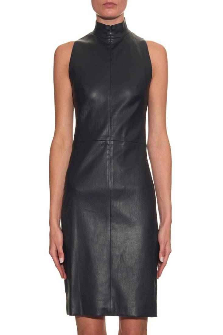 Genuine lambskin women's leather dress bodycon cocktail party high-neck dress